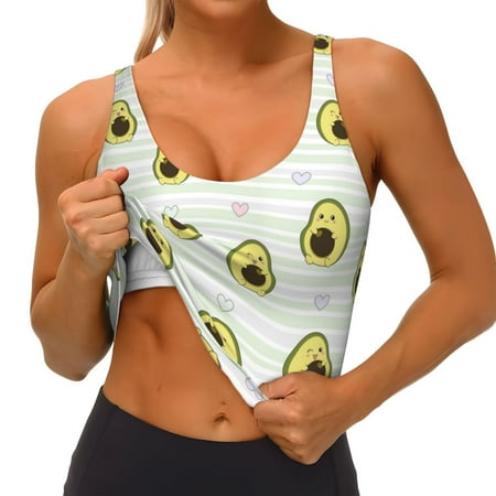 Qokaie Avocado of a Hear Pattern Womens Scoop Neck Sports Bra Breathable Workout Vest Padded U Back Medium Impact Fitness Gym Yoga Bra Workout Crop Top
