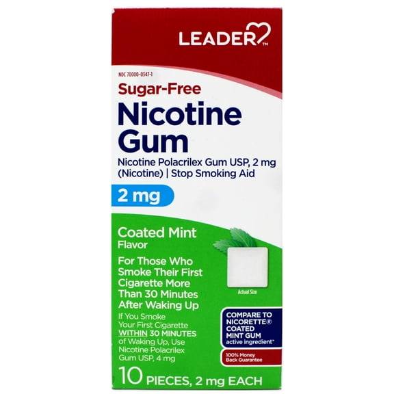 LEADER Nicotine Gum Stop Smoking Aid, 2 mg Nicotine, Sugar-Free, Coated Mint Flavor, 10 Count