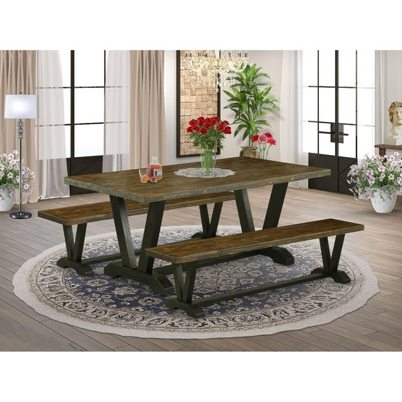 East West Furniture V2-677 3 Piece Modern Dining Table Set - 1 Distressed Jacobean Kitchen Table and 2 Wooden Benches - Wire Brushed Black Finish