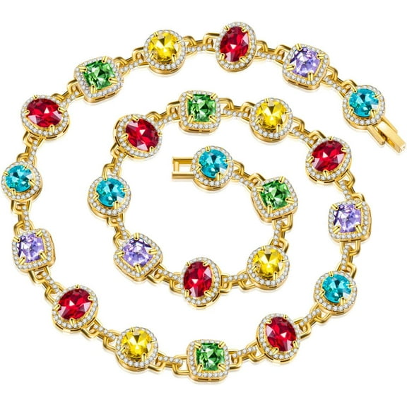HELLOICE 8.5mm 20inches Multi-Color Chain Necklace 18K Gold Plated Cubic Zirconia Chain for Men