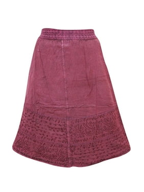 Mogul Womens Gypsy Hippy Skirt A-Line Pink Embroidered Enzyme Wash Beautiful Lace Work Skirts