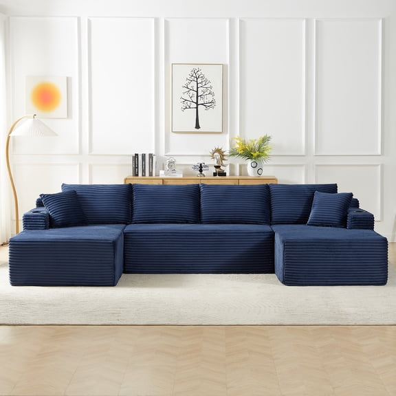Aukfa 133.5" U-Shaped Modular Sectional Sofa, Cloud Couch w/ Cup Holders for Living Room, Convertible Double Chaise, No Assembly,Blue