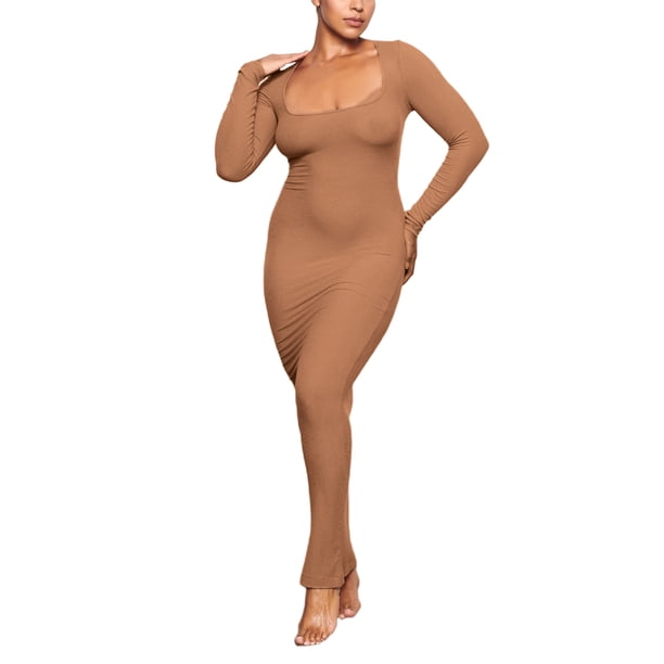 VISgogo Mujer Vestido Primavera, Manga Larga Color Liso Cuello Cuadrado Vestido Ajustado, Damas Otoño/Invierno Elástico Largo Una Pieza VISgogo moda