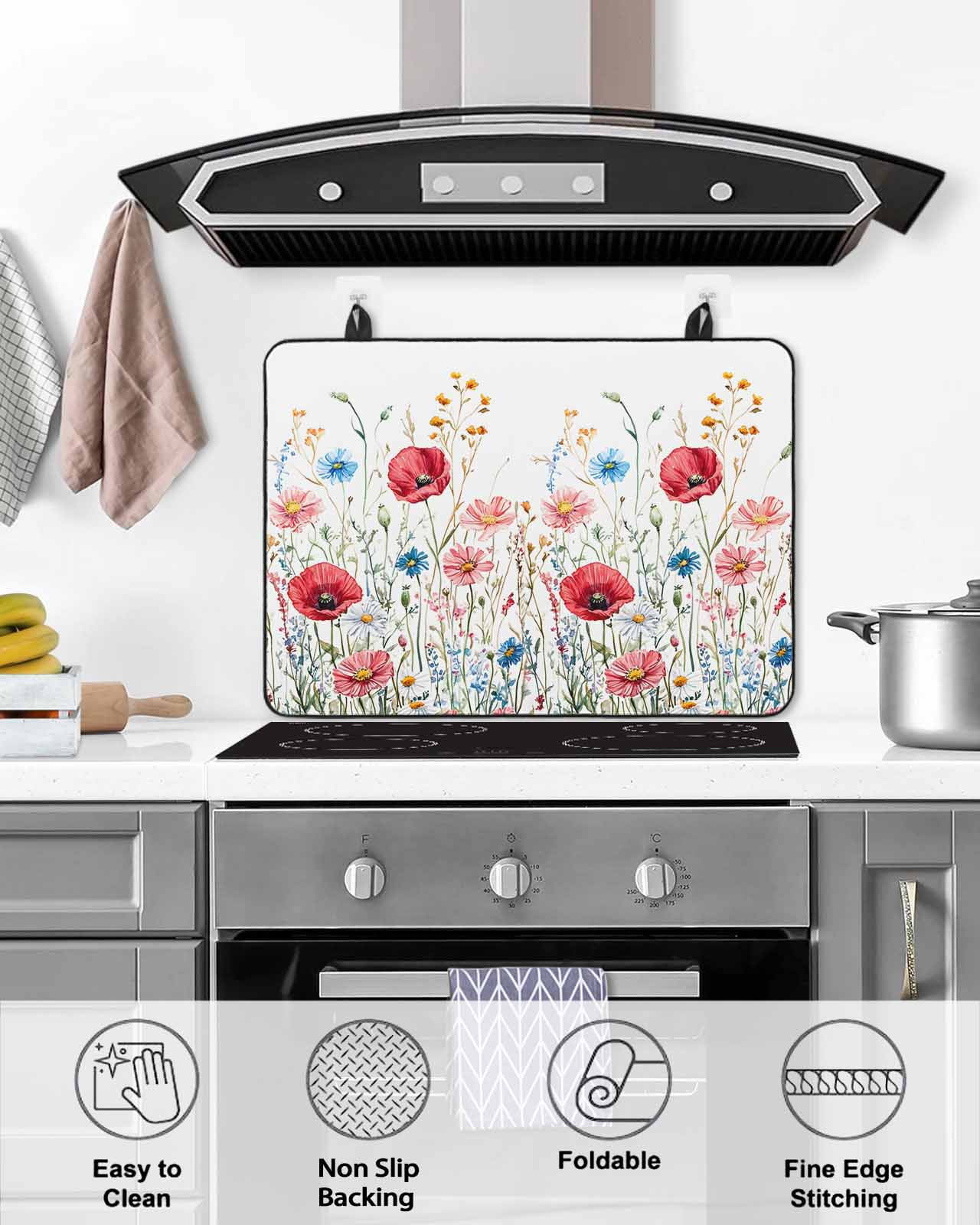 nqOlkjepod Large Induction Cooktop Protector Mat 24"x21", Red Flower Stove Top Covers for Electric Stove, Blue Pink Wildflower Poppy Floral Botanical Stove Burner Cover Mats, Glass Top Stove Cover