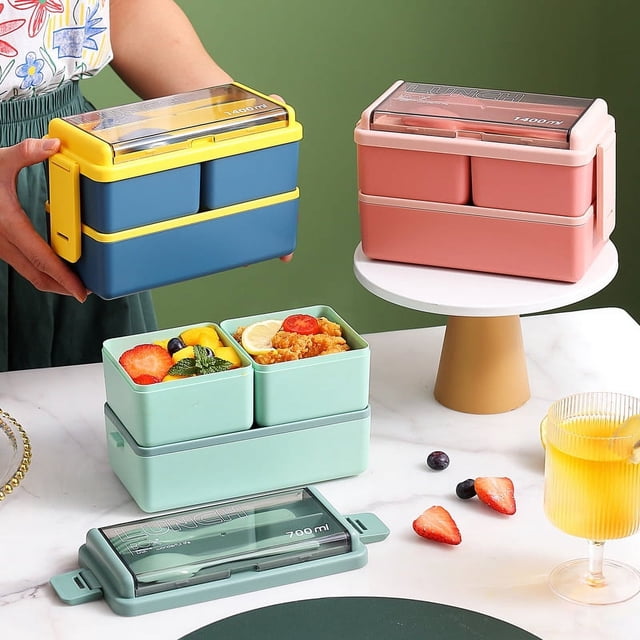 Fiambrera de doble capa para trabajadores de oficina, fiambrera de plástico, fiambrera rectangular para niños, compartimento sellado con vajilla portátil