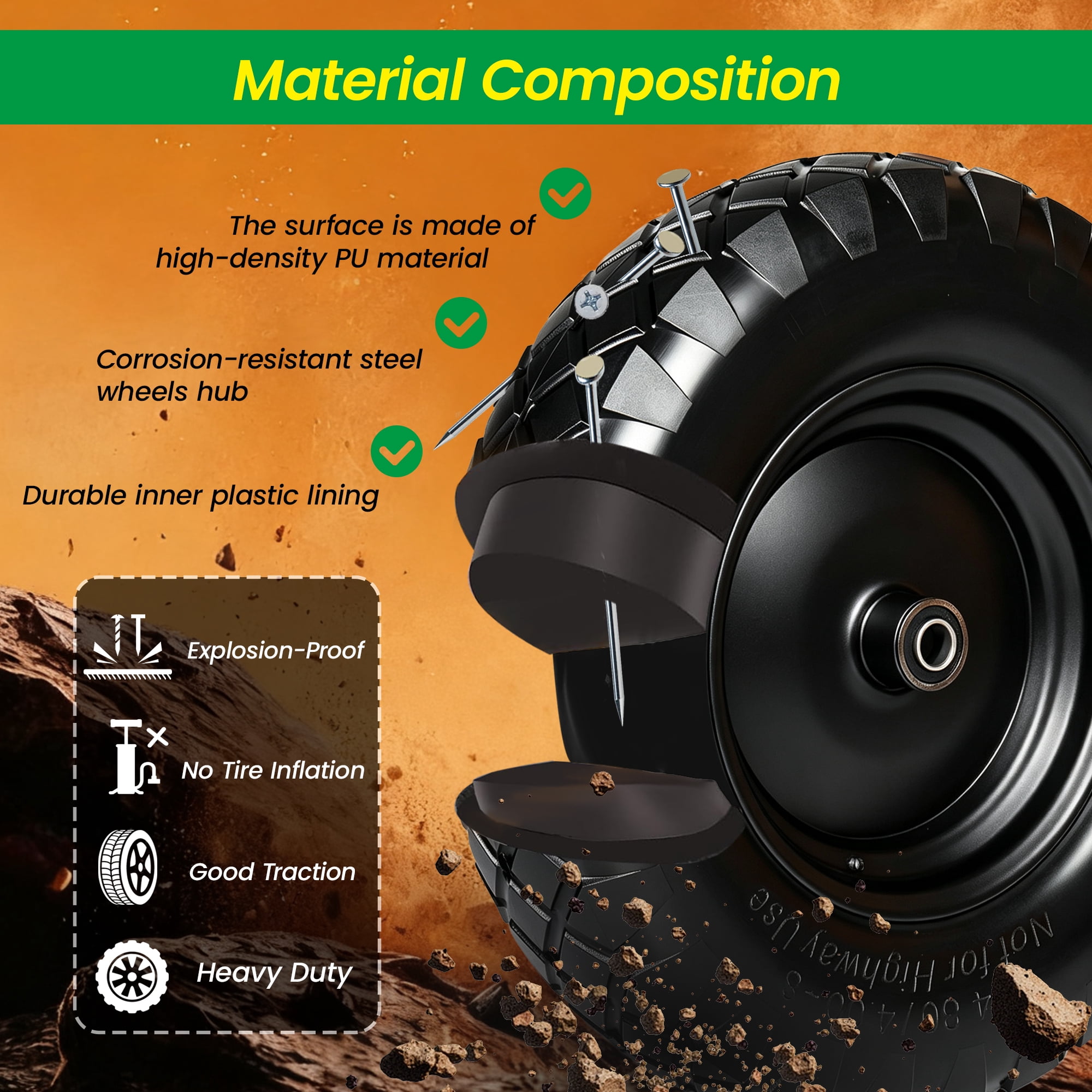 Leumius Set of 2 4.80/4.00-8 Flat-Free Solid Wheelbarrow Tire and Wheel, 16" Solid Tire with 5/8" & 3/4" Bearings, 3" Hub for Hand Truck, Garden Cart, Trailer, Trolley, Wagon