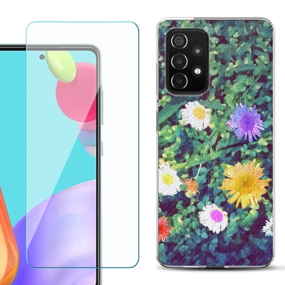 Slim-Fit Flexible Gel TPU Phone Case compatible with Samsung Galaxy A52 5G, with Tempered Glass Screen Protector, by OneToughShield ® - Daisy Paint