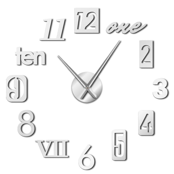 Mixed Number Styles Silhouette Frameless Wall Clock Stickers, DIY Modern Decorative Clocks for Living Room, Bedroom, Office - Easy to Install, Large 3D Clock Design (Silver,47in)