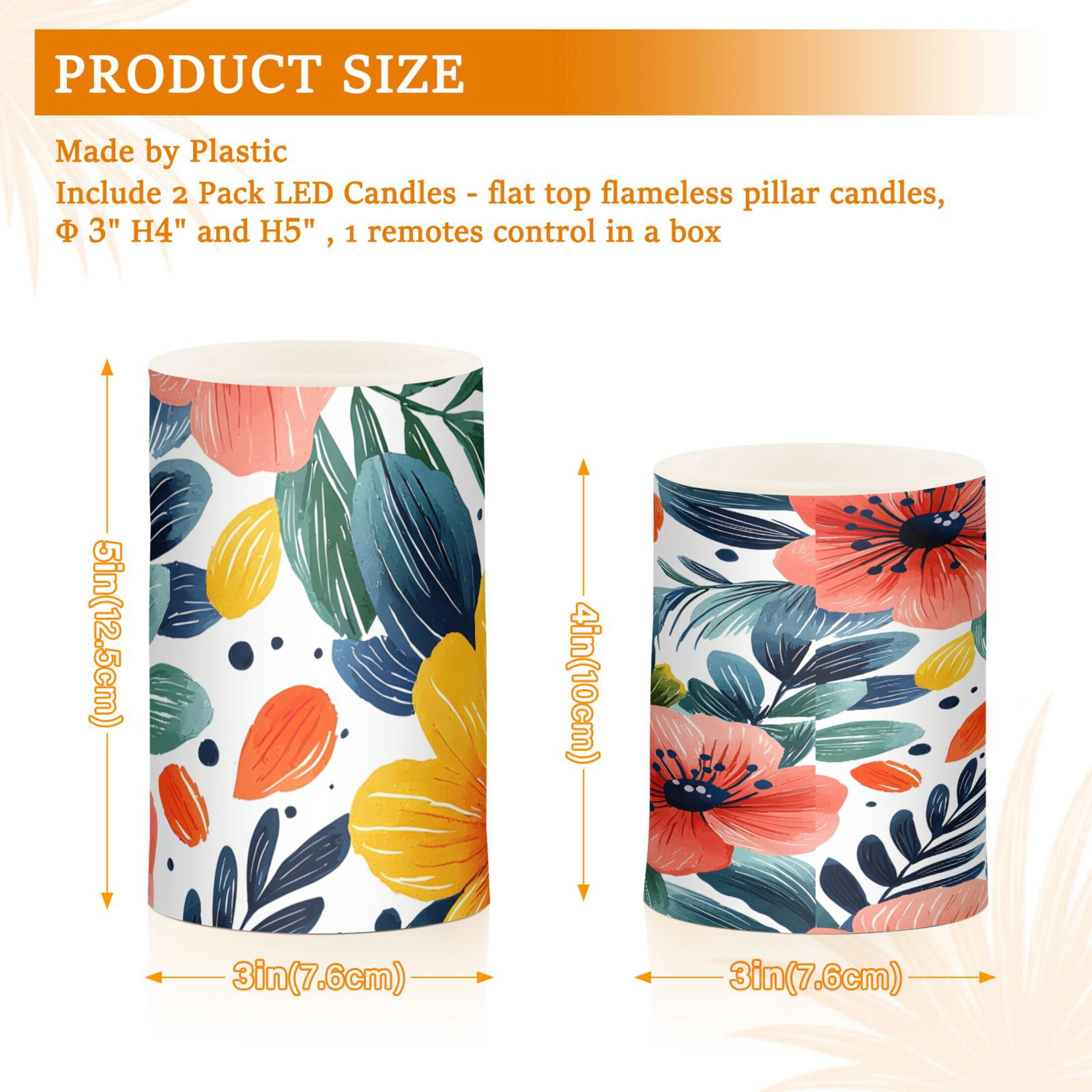 Tropical Flower Flickering Flameless Candles Battery Operated with Remote Timer LED Pillar Candles Set of 2