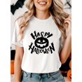 thumbnail image 1 of Women's Halloween T-Shirt - Happy Halloween Pumpkin Face Print Tee, Stretchy Breathable Fabric Casual Party Shirt for Halloween Costumes, Casual Attire, Festive Attire, Round Neck Top, Comfortable Fi, 1 of 6