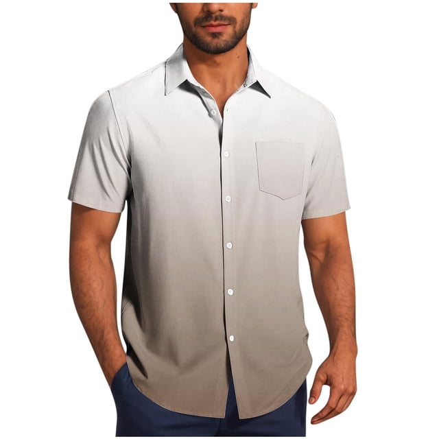 Mens Casual de Manga Corta Botón Abajo Camisas Gira Cuello Gradación Blusa de Impresión, Suelto Ajuste Poliéster Camisa de Verano, Lavado a Mano Casual