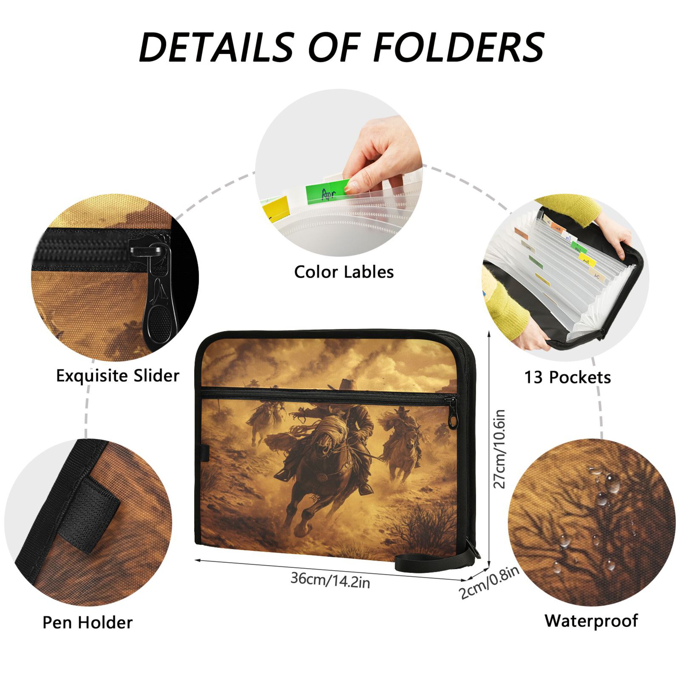 Organ Folder 14.2 x 0.8 x 10.6 Inches 13 Separate Pockets A4 Size Documents Folder A Sort Storage File Manager For The Home Office Riding Cowboys