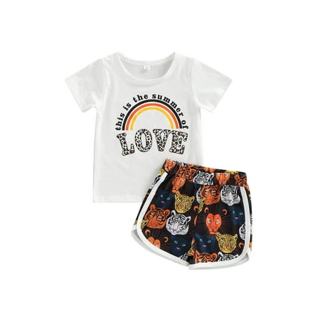 

2 Pcs Toddler Baby Boys Girls Summer Clothes Short Sleeve Rainbow Letter Shirt Tops Floral Shorts Set Infant Outfit 9M-4T