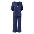 thumbnail image 6 of Women's 2 Piece Lounge Set, 3/4 Sleeve V Neck Casual Top and Wide Leg Pants, Soft Material Matching Outfit for Daily Wear, Beach Travel and Relaxation-Dark Blue, 6 of 7