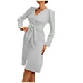 thumbnail image 2 of Drppepioner Robe pour Femme Décolleté en V Profond Manches Longues Ceinture à la Taille Volants Mini Évasée Patineuse Robes Mode Femmes Aguichant Uni Fermeture Éclair Manches Longues Décolleté en V Robe Régulière Gris, 2 of 9