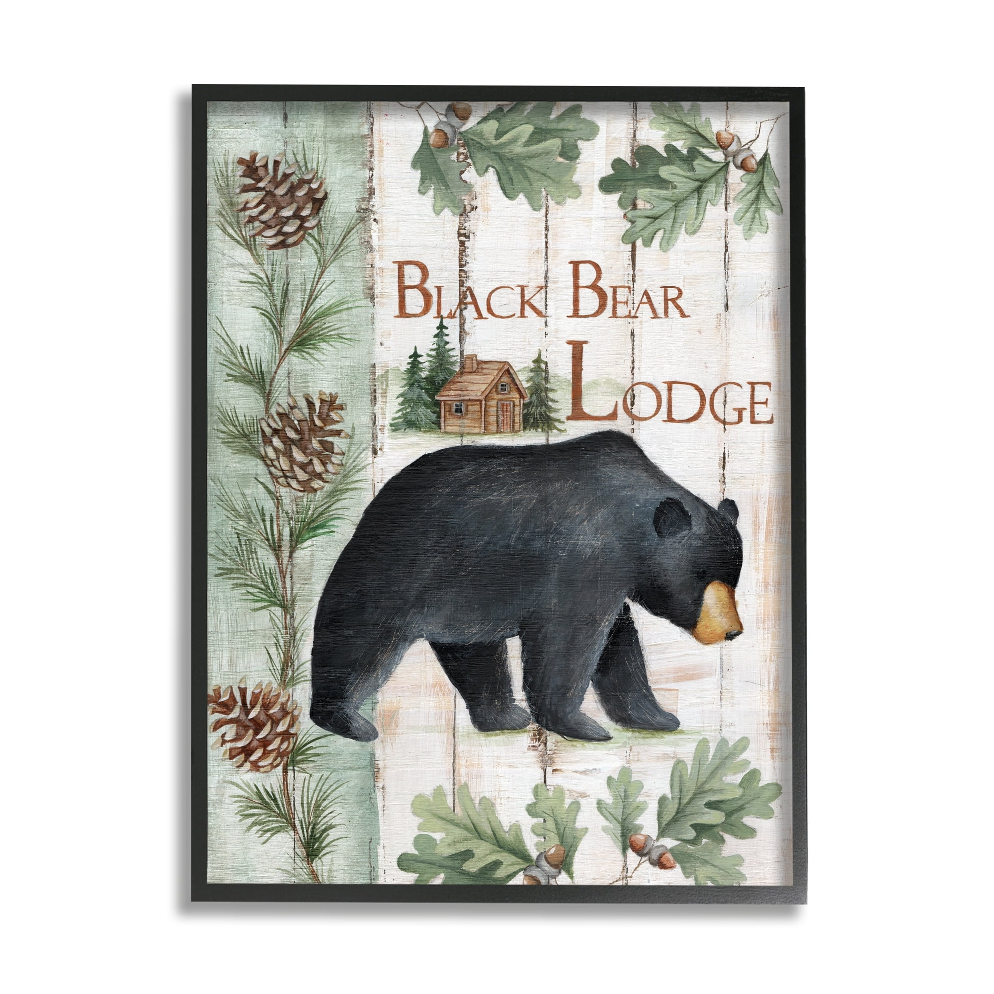 Stupell Industries Black Bear Lodge Rustic Cabin Botanicals Sign Graphic Art Gray Framed Art Print Wall Art, Design by Emma Leach