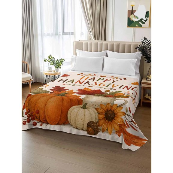 King Size Flat Sheet Only,Happy Thanksgiving Fall Pumpkin Soft Top Bed Sheets Breathable Bedding Sheet Harvest Maple Leaves Sunflower Microfiber Hotel Luxury Top Sheets