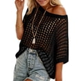 thumbnail image 2 of Womens Crochet Sweater Tops Batwing Short Sleeve Oversized Boat Neck Boho Knit Summer Beach Cover Ups, 2 of 7