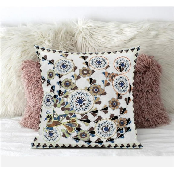 Glory of Flowers Peacock Throw Pillow with Removable Cover in Off-White Blue Brown 18x18
