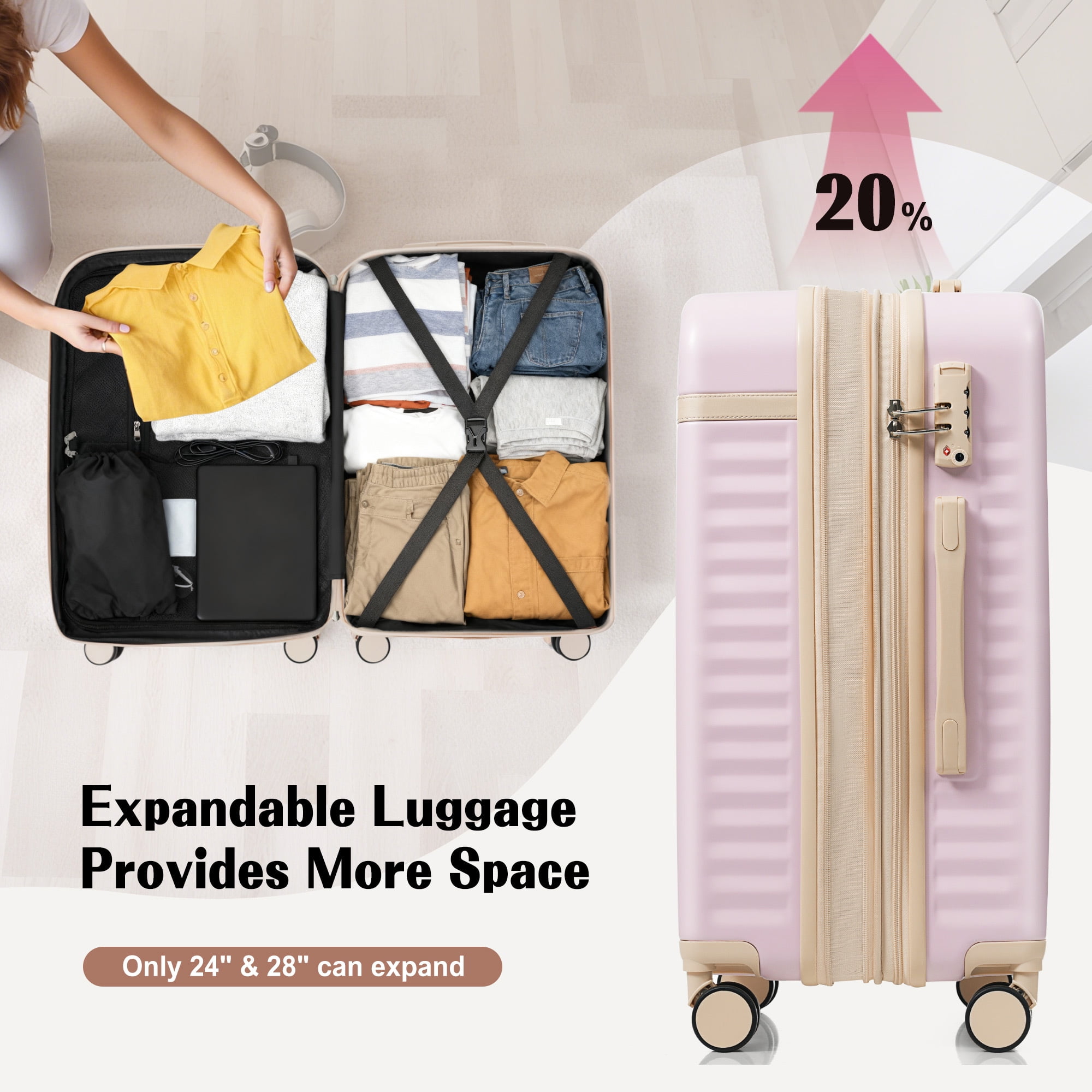 Euroco 3 Piece Front Opening Luggage Set, Hardshell Expandable Carry on Suitcase with Spinner Wheels,USB Port & TSA Lock, Lightweight Luggage for Travel,20in/24in/28in,Pink