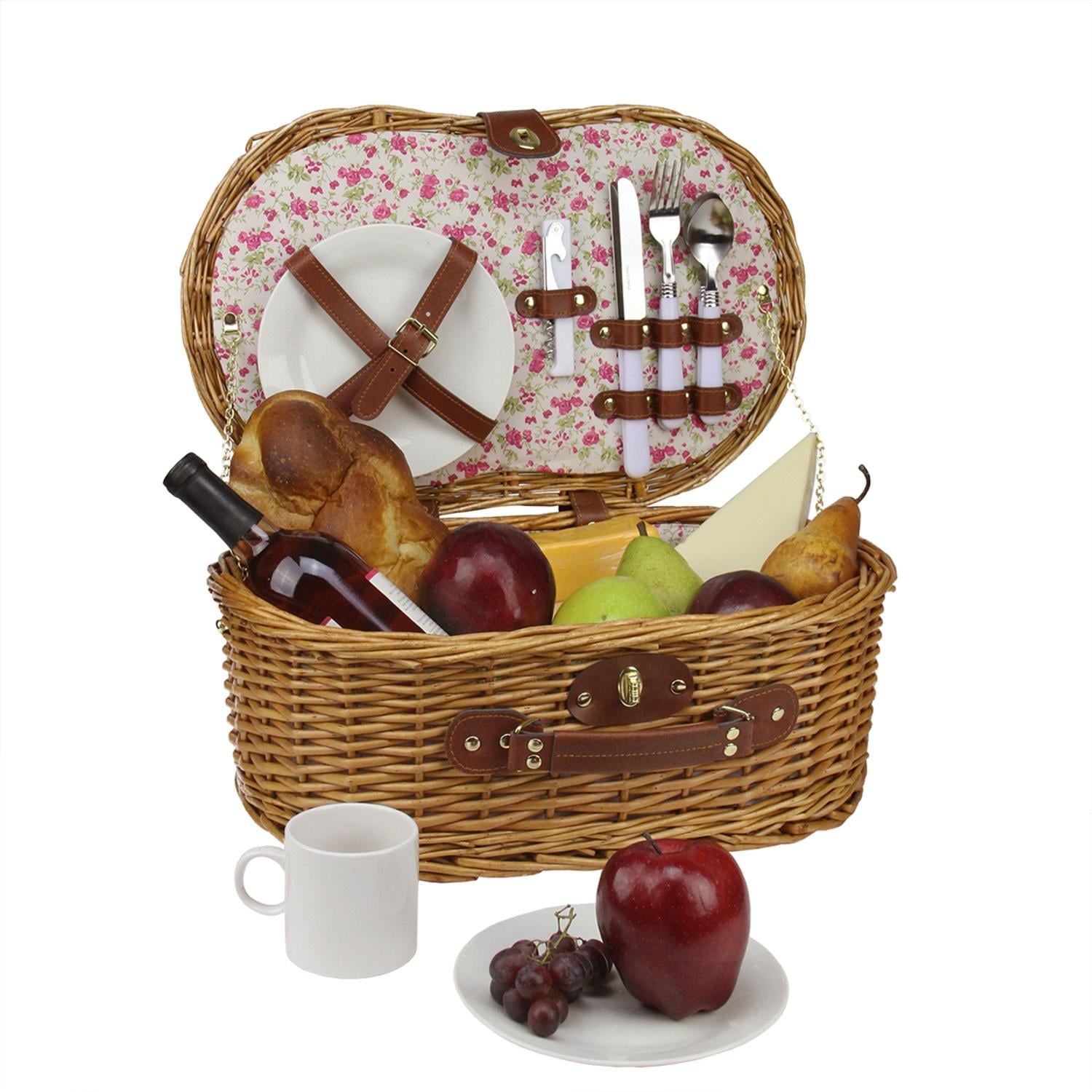 2Person Hand Woven Honey Willow Floral Picnic Basket Set with