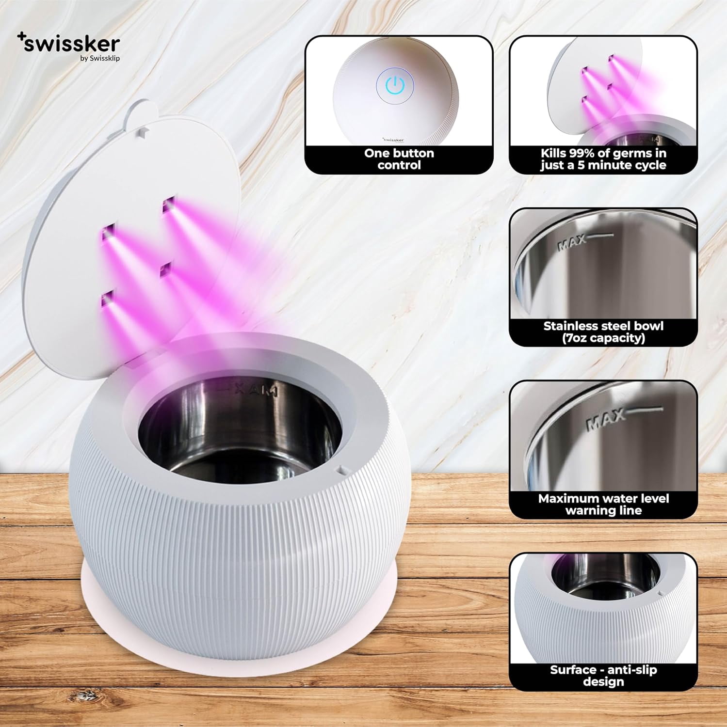 Swissker by Swissklip ShinePod Ultrasonic Retainer Cleaner Machine – Dental Pod Ultrasonic Cleaner for Dentures, Aligners, Mouth Guards, Invisalign Cleaning – UV Sterilization – White
