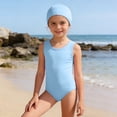 thumbnail image 2 of Zylarhe Girls Swimsuit Solid Color Girls Swimsuit Set With Matching Swim Cap Comfortable Bathing Suit For All Seasons Sky Blue 7-8 Years, 2 of 4