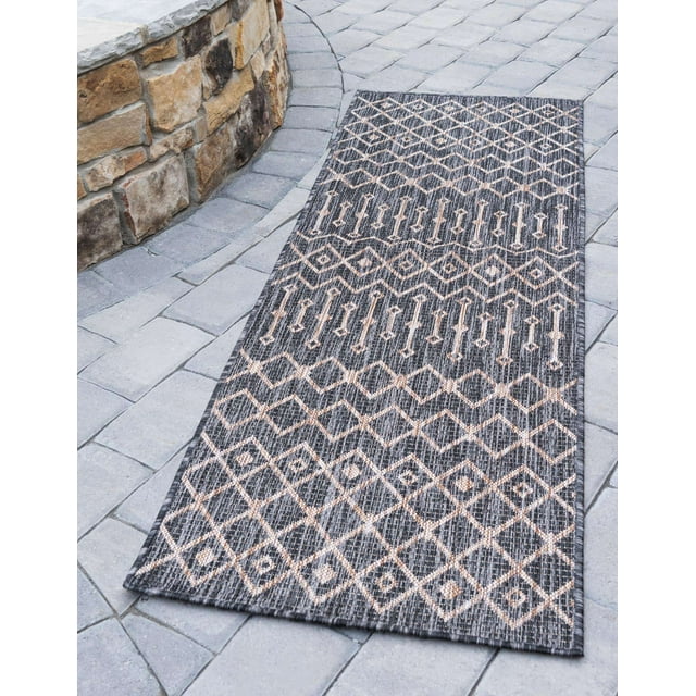 Unique Loom Trellis Collection Tribal Geometric Transitional Indoor and Outdoor Flatweave Runner Rug, 2' x 6', Charcoal Gray/Beige