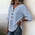 thumbnail image 2 of Cilsoka 3/4 Length Ruffle Sleeve Womens Tops Cotton Linen V Neck Button T Shirts Summer Beach Casual Boho Three Quarter Sleeve Tops, 2 of 6