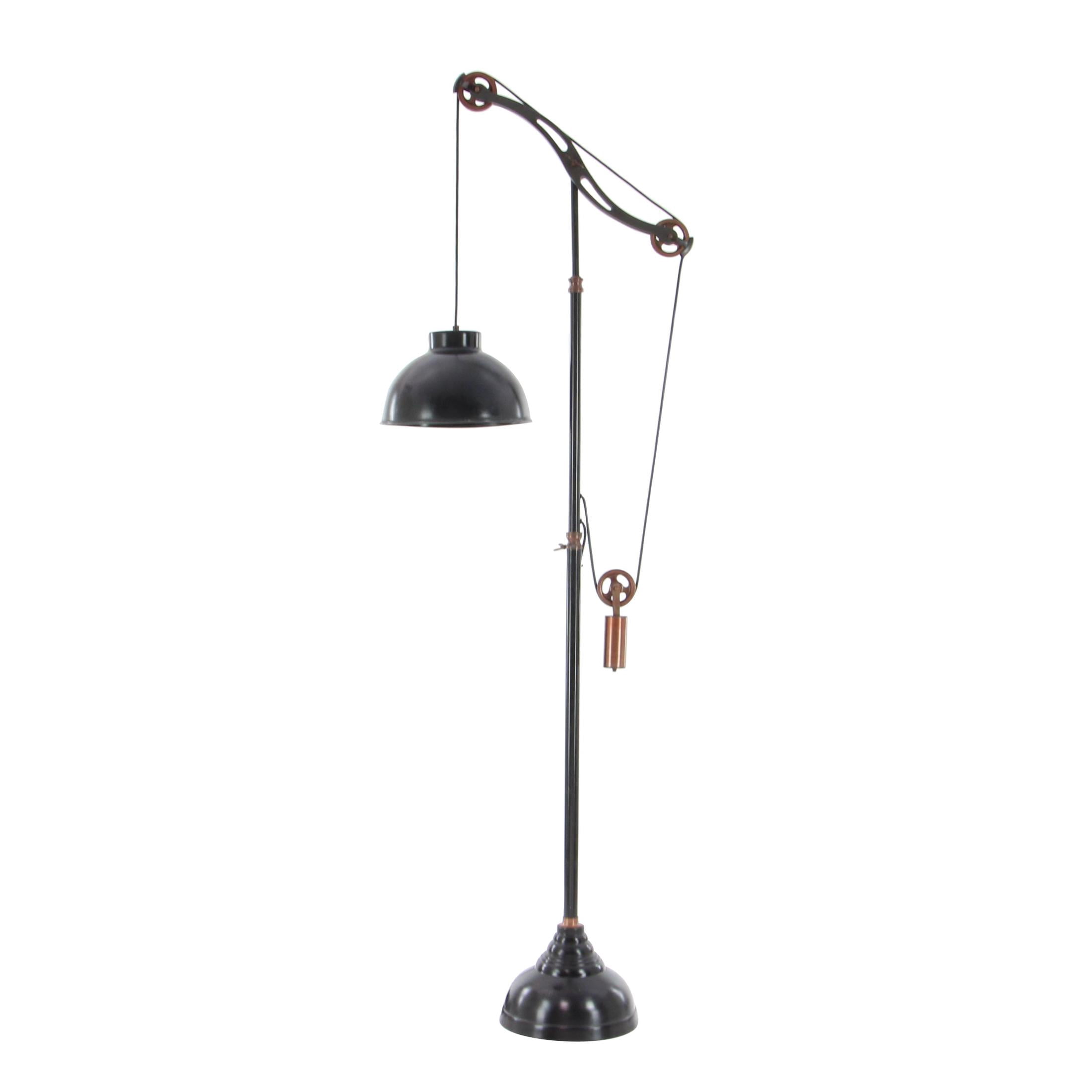 DecMode 79" Pulley Black Floor Lamp with Black Metal Shade