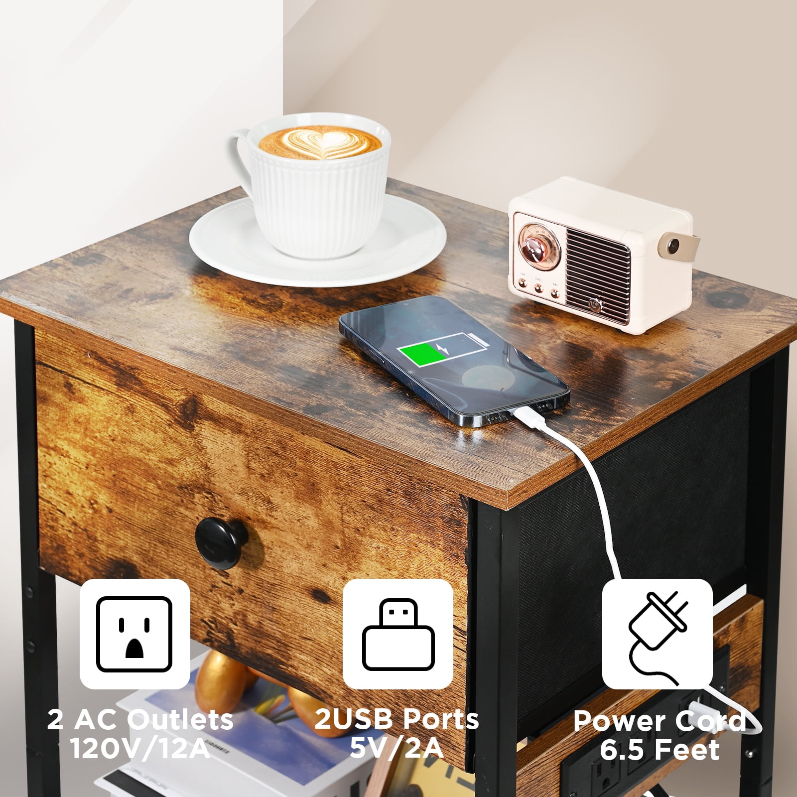 Ollieroo Modern Nightstand with 2 Storage Shelves & Charging Station, Rustic Brown