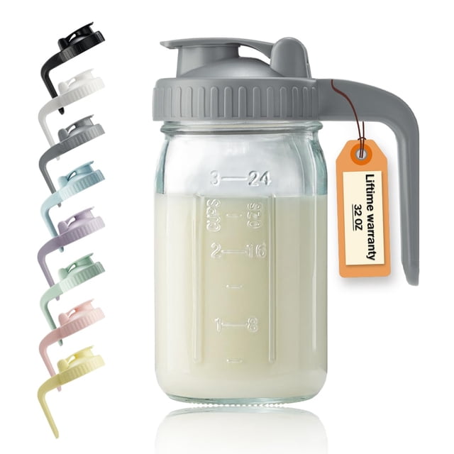 Jarra de vidrio Miradexic de 32 oz con tapa antiderrames y pico en V