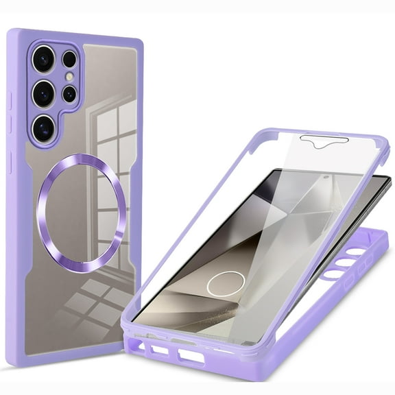 for Samsung Galaxy S24 Ultra Case Clear, Magnetic Case with Screen Protector, Compatible with MagSafe, Not Yellowing Shockproof Full Body Protection Slim Transparent Case for Galaxy S24 Ultra, Purple