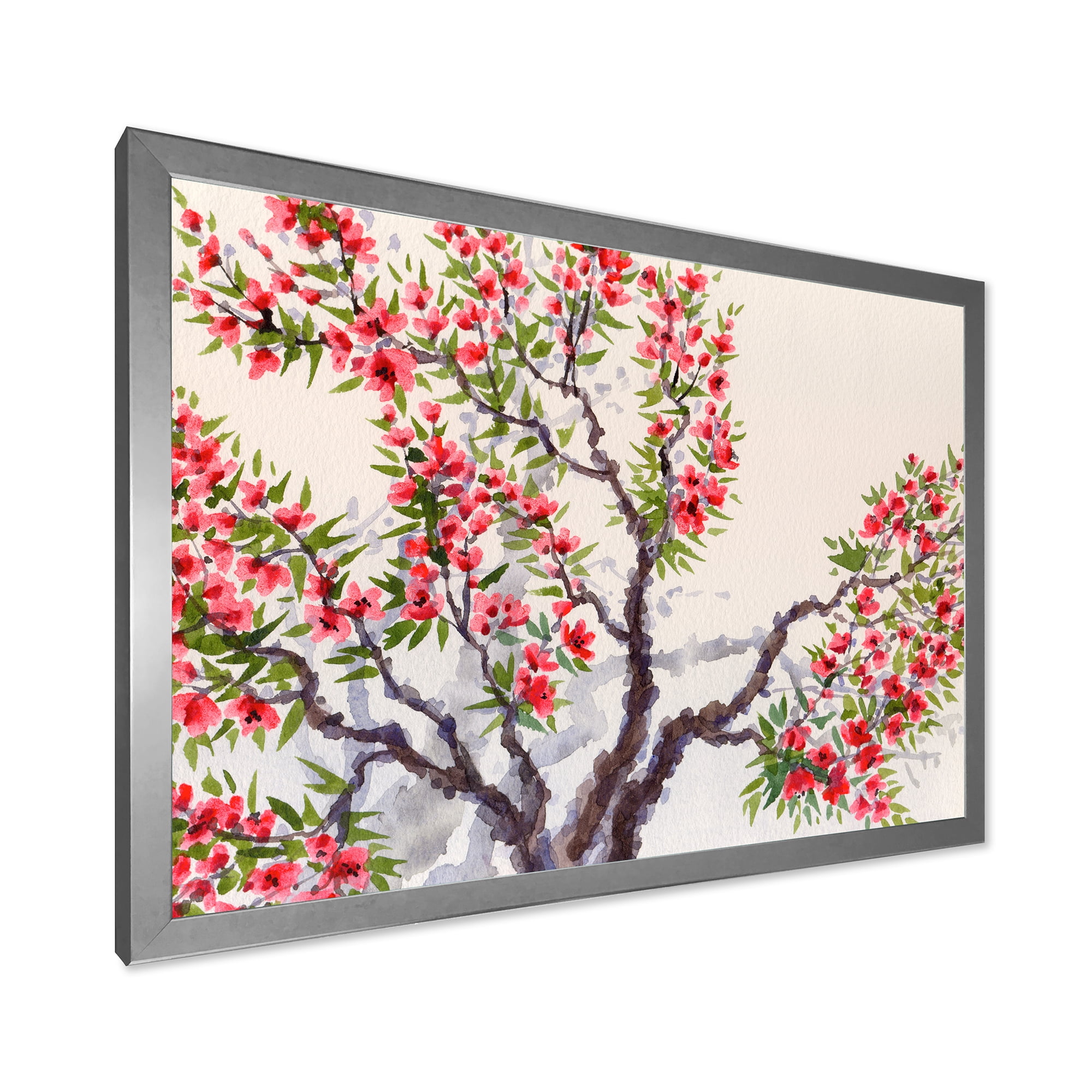 Red Flowers On The Spring Blossoming Tree II 20 in x 12 in Framed Painting Canvas Art Print, by Designart