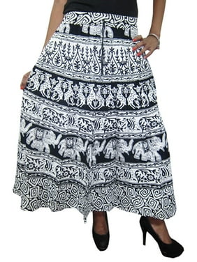 Mogul Women's Indian Skirt White & Black Animals Print College Fashion Long Skirts