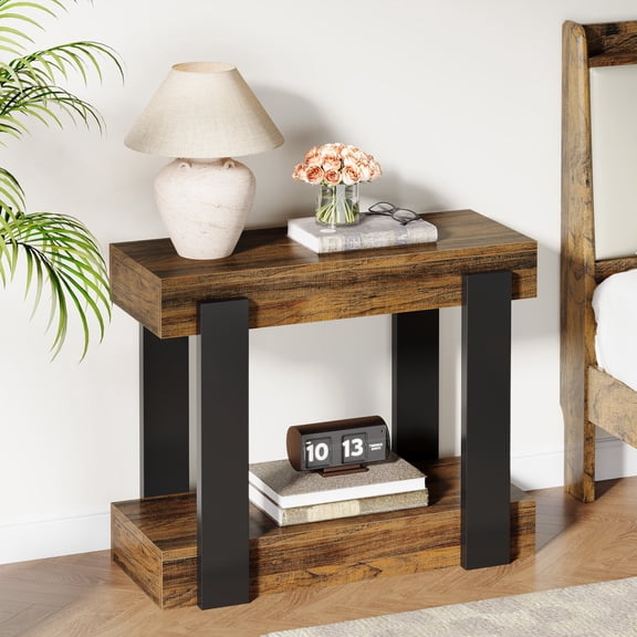 Fnova 2-Tier Farmhouse End Table, Wood Storage Narrow Side Table, Small Space Accent Furniture for Living Room, Bedroom Nightstand, Easy to Assemble