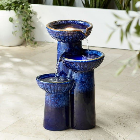 3-Bowl 26 3/4" High Large Modern Outdoor Decor Blue Cobalt Ceramic Floor Fountain with Light LED Garden Patio