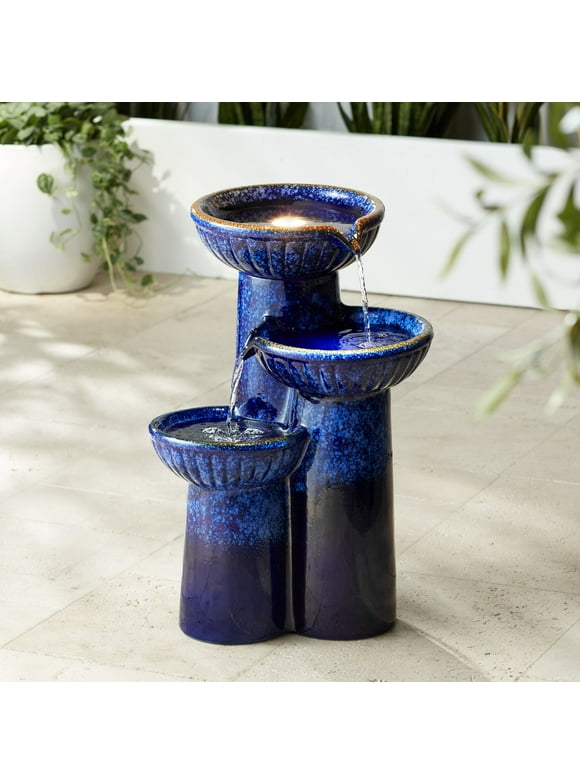 John Timberland Modern Outdoor Floor Water Fountain with Light LED 26 3/4" High Cascading Bowls for Yard Garden Patio Deck