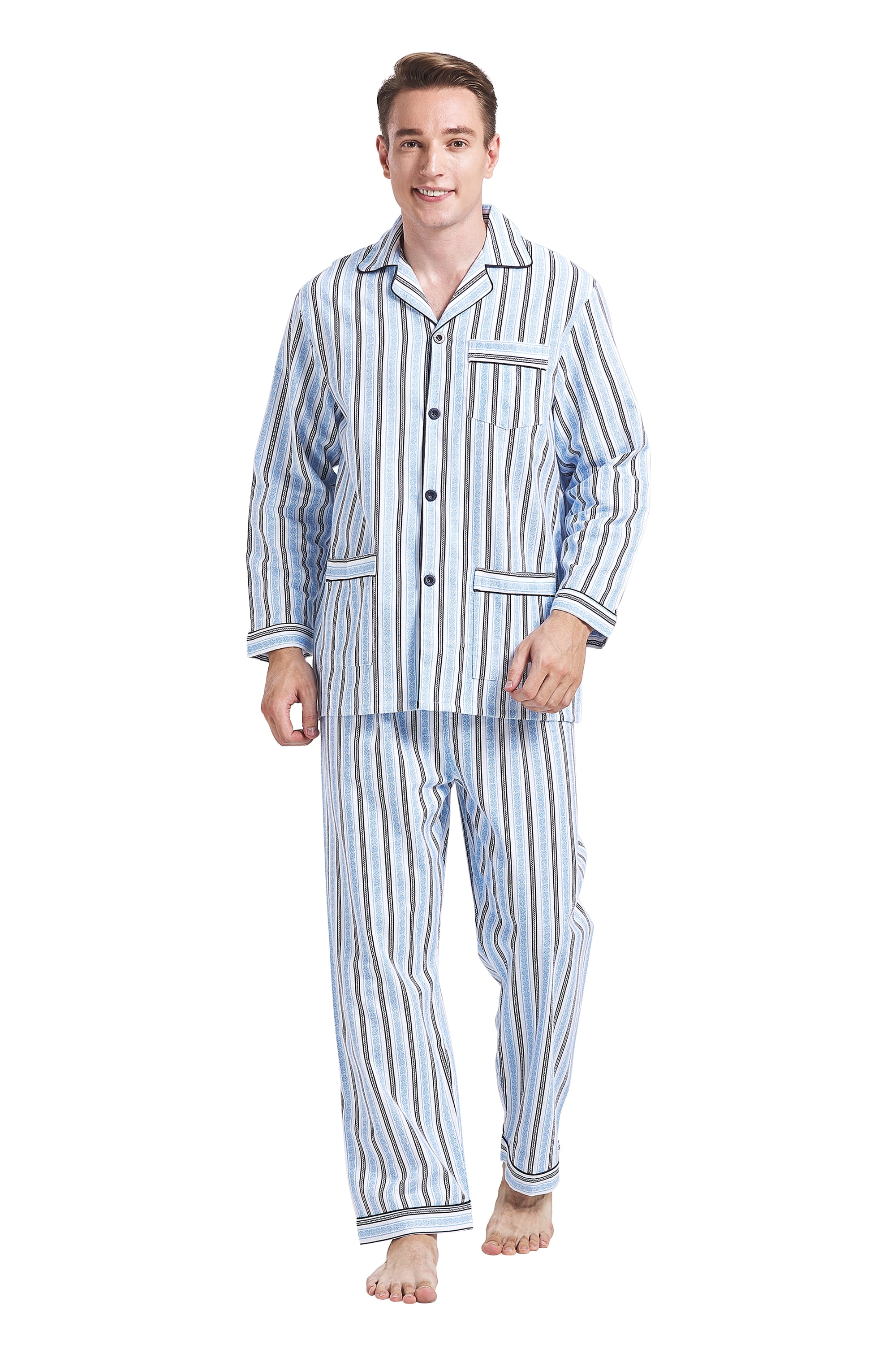 GLOBAL Men's Pajamas Sets 100% Cotton Flannel Sleepwear Long-Sleeve Top ...