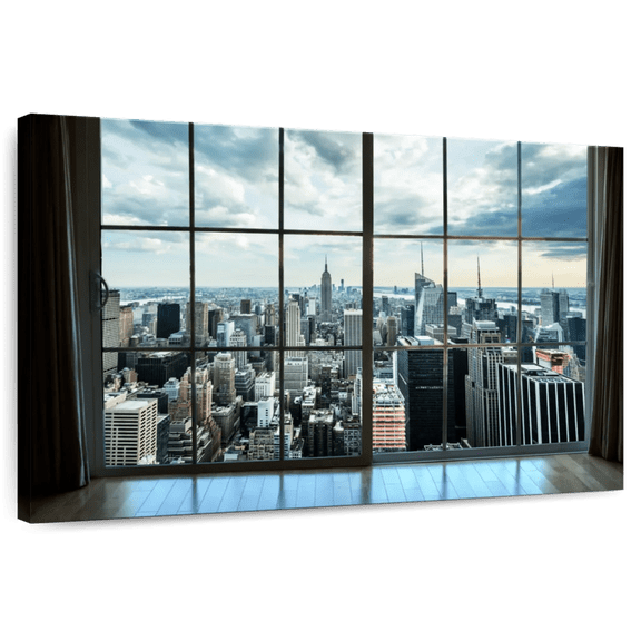 Elephant Stock New York City Window Wall Art - Horizontal Canvas Wall Art - Living Room Wall Decor - City Canvas - Black And Beige Decor - 12" x 8"