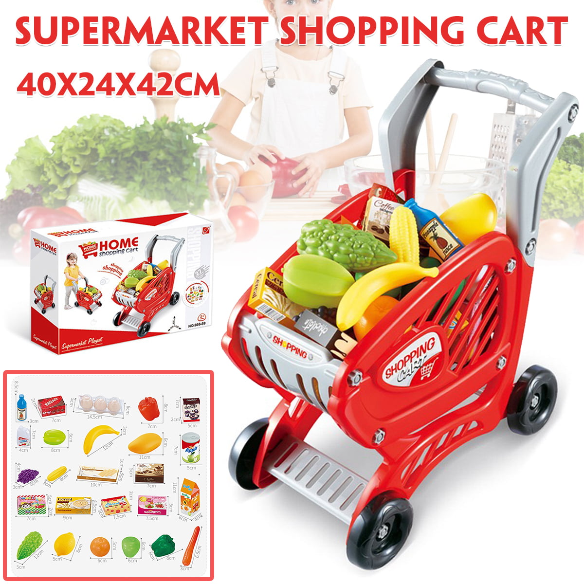 Childrens Kids Supermarket Shop Stall Pretend Toy Food Shopping Basket Play Set