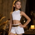 thumbnail image 3 of Halloween Singer Costume - Gi"rl"s Popular Star Fancy Dress Cosplay Costume, White & Gold Sleeveless Crop Top and Shorts with Wide Gold Chain Belt for Halloween Night, Size:110, 3 of 4
