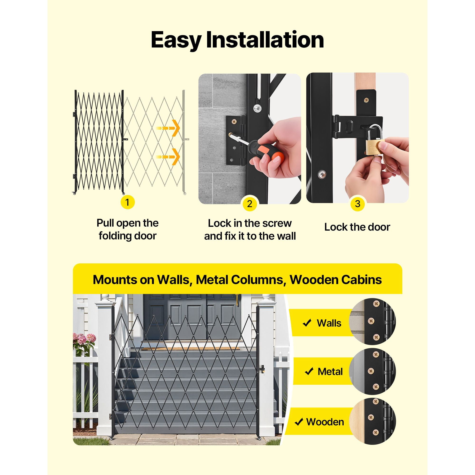 86.61"x86.81" Folding Lockable Scissor Gate, 360° Swivel Casters, Steel Retractable Barricade for Garage Warehouse Pool