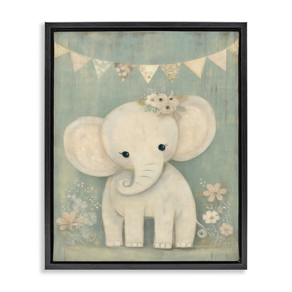 Stupell Industries Cottage Elephant with Overhead Banner Black Floating Frame Canvas Art, 17 x 21, by Ink Drop Loft