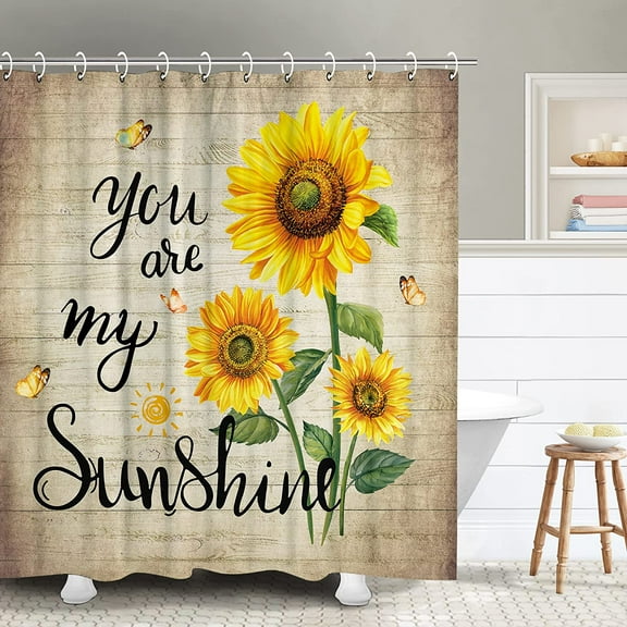 Sunflower Shower Curtain, Rustic Floral Sunflower and Butterfly Shower Curtains Set with 12 Hooks, You are My Sunshine Shower Curtain, Sunflower Shower Curtains for The Bathroom, 72" W x 72" H