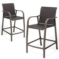 Crestlive Products 2 PCS Aluminum Patio Bar Stools Outdoor Wicker Bar Chairs, Brown