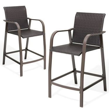 Crestlive Products 2 PCS Aluminum Patio Bar Stools Outdoor Wicker Bar Chairs, Brown