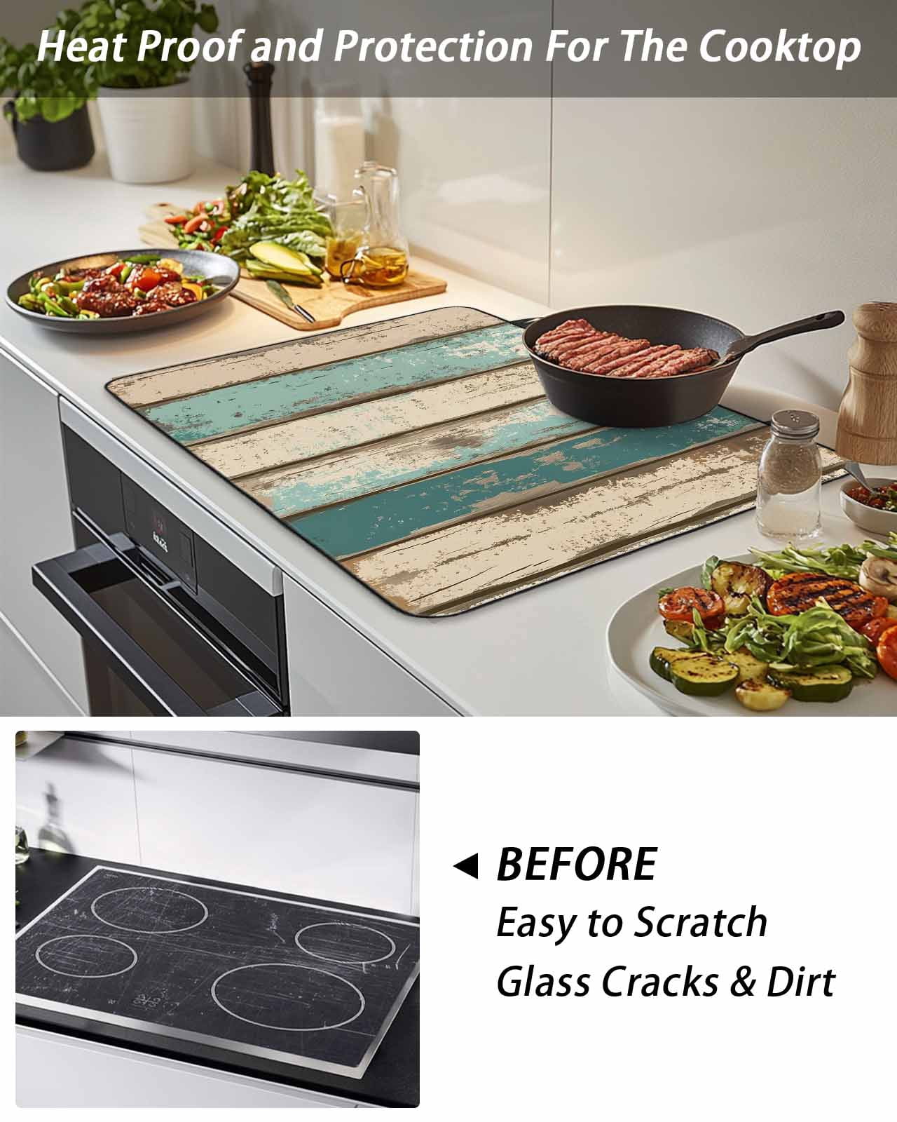 Stove Top Covers for Electric Stove, Farmhouse Teal Brown Glass Stovetop Cover Protector, Vintage Retro Ombre Wooden Induction Cooktop Protector Oven Mat for Kitchen Countertop 24"x21"
