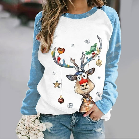 zanvin Ugly Christmas Sweatshirt Shirts for Women Cute Elk Print Casual Long Sleeve Crewneck Pullover Sweatshirts Top,Light Blue,XXL