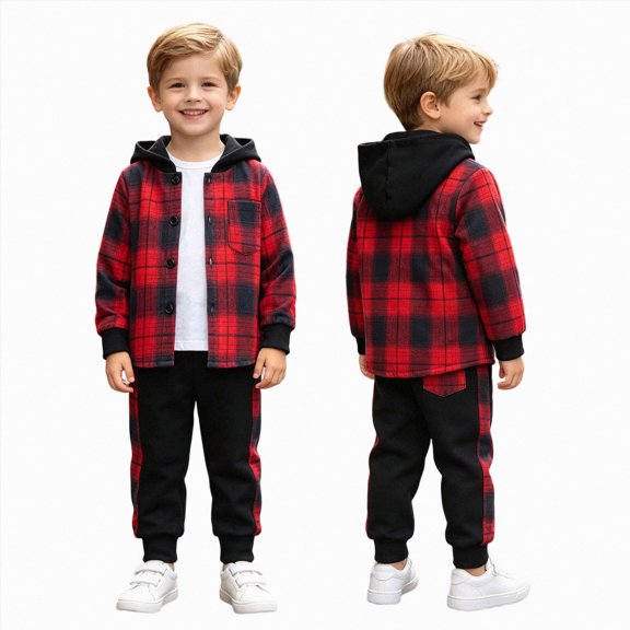 Xyant Toddler Boy Clothes 2 Piece Plaid Hooded Button Top Jogger Pants Set Little Boys Fall Winter Outfits, Size 2-7 Years